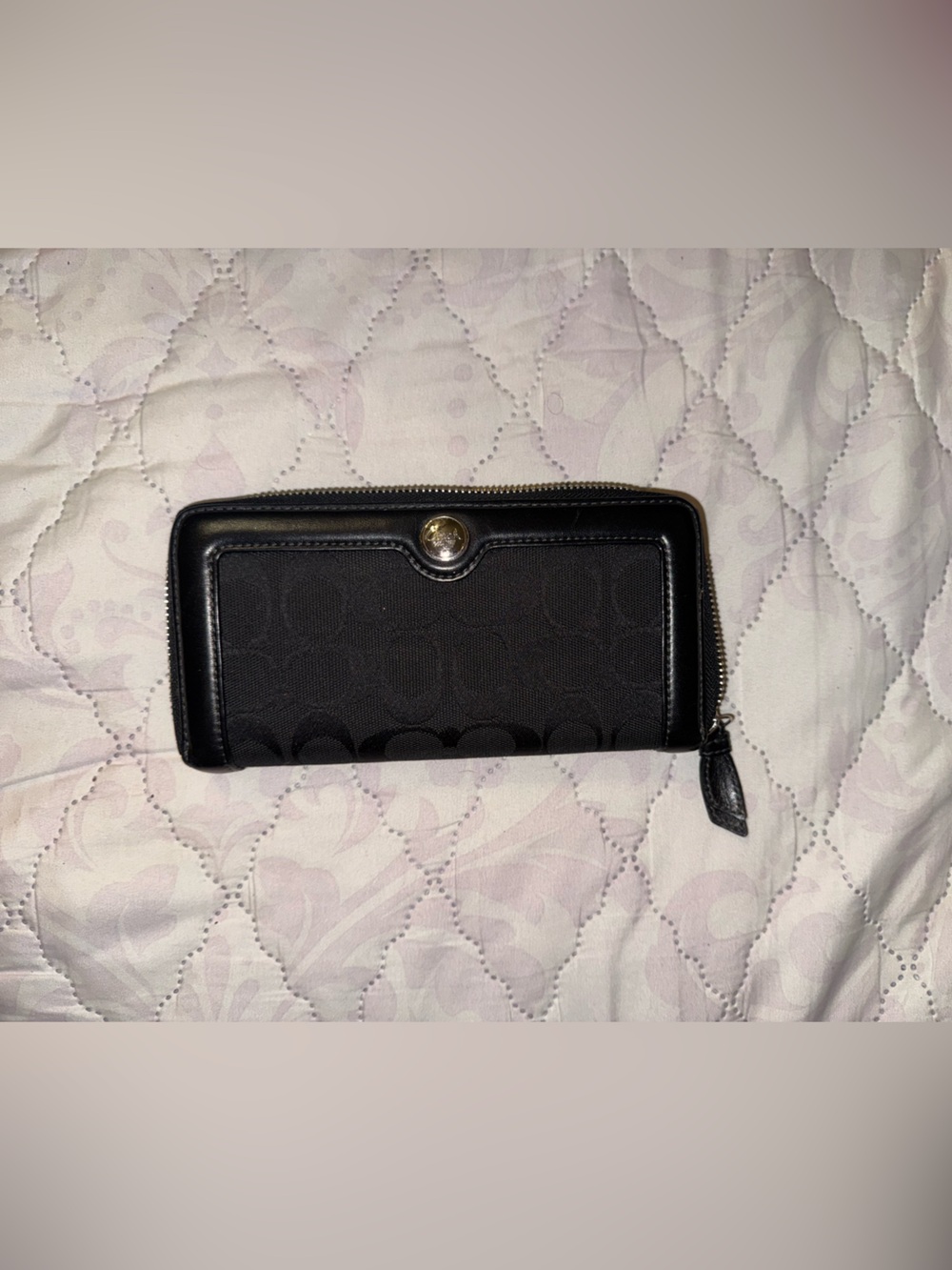 Coach Black Signature Zip Wallet with Gold Accent